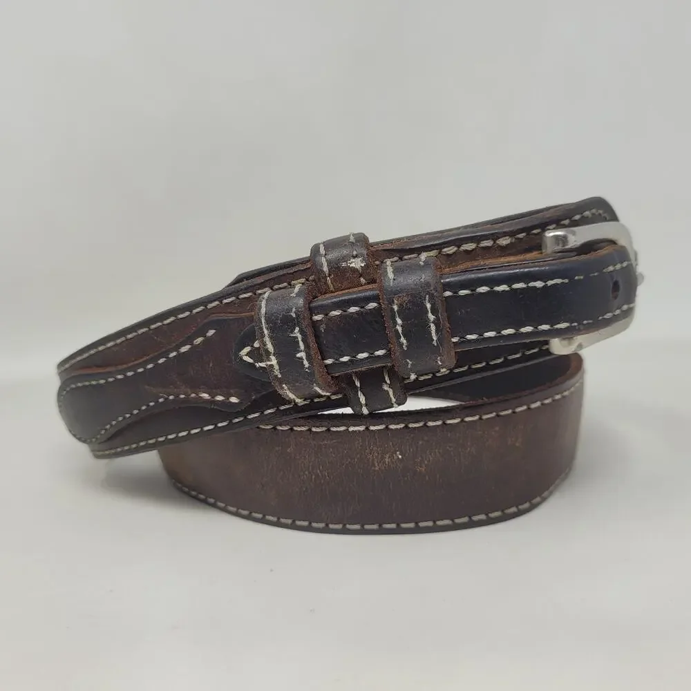 Brown Leather Belt 36 Western Contrast Stitch Double Keeper Casual Rugged Cowboy